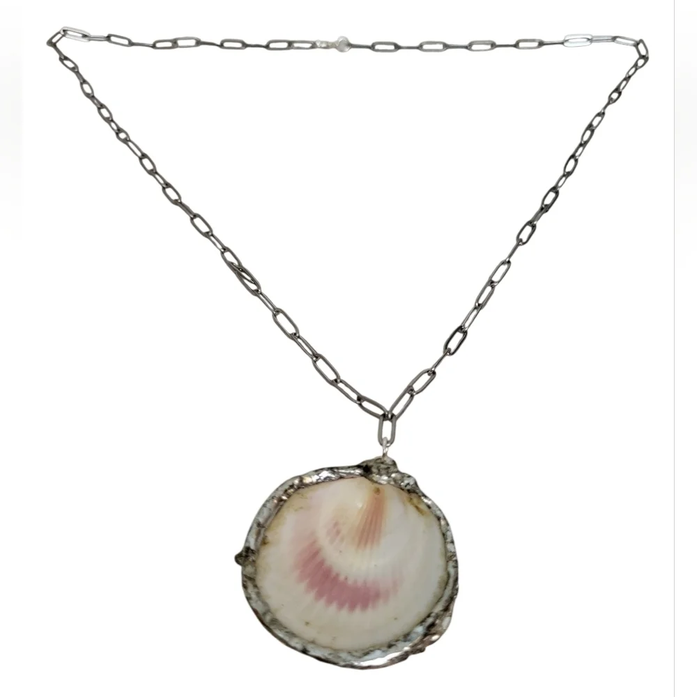 Shell Sea Shell Clear Rhinestones Stainless Steel Paperclip Chain Necklace